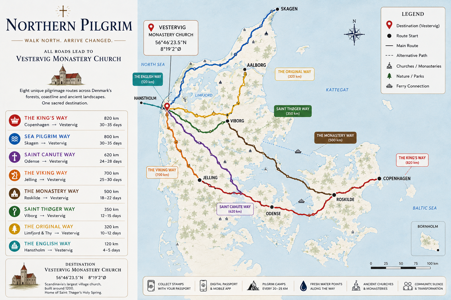Map of the eight Northern Pilgrim routes across Denmark, all ending at Vestervig Monastery Church in Thy.