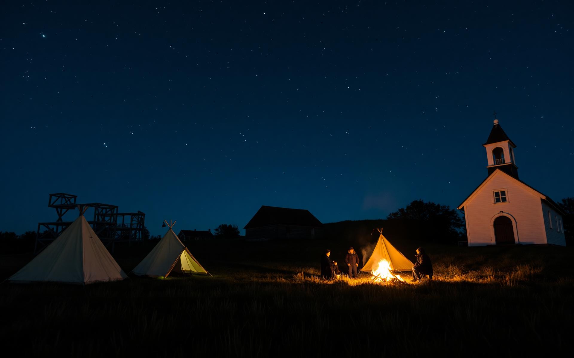 Pilgrim camp bonfire at night