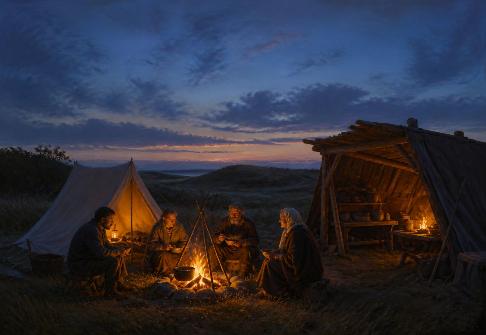 A pilgrim camp at twilight in a Danish meadow with fire and shelter