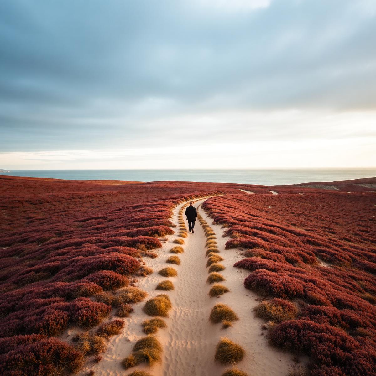 Pilgrim walking through heather