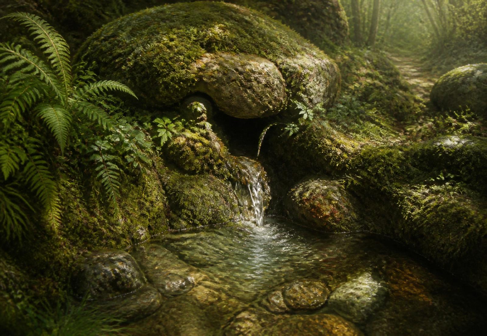 A natural spring rising through mossy stones in a quiet Danish forest